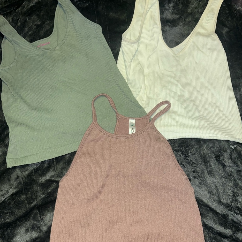 Bundle - Women's Ribbed Tank Tops - Green, Cream, and Tan